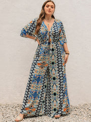 Plus Size Printed Half Sleeve Wide Leg Jumpsuit - Trendsi