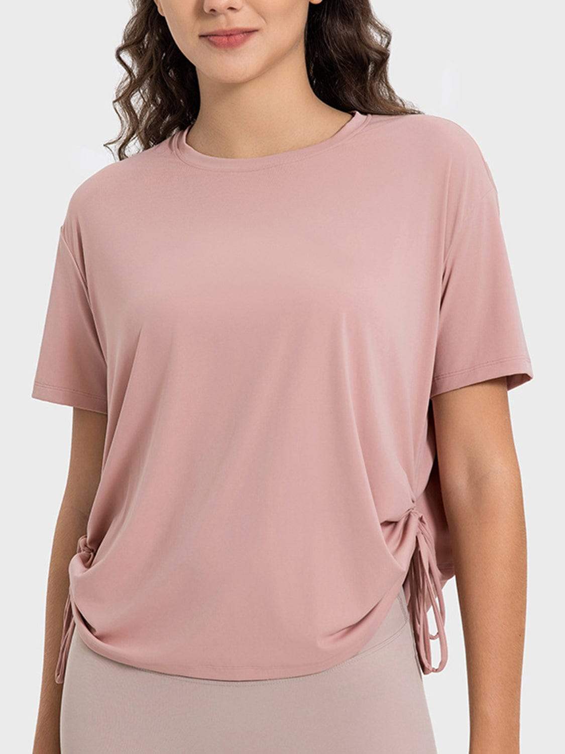 Drawstring Round Neck Short Sleeve Active T-Shirt - Trendsi - Flyclothing LLC