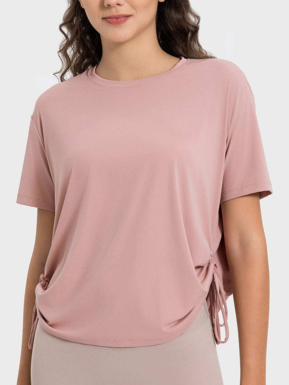 Drawstring Round Neck Short Sleeve Active T-Shirt - Trendsi - Flyclothing LLC