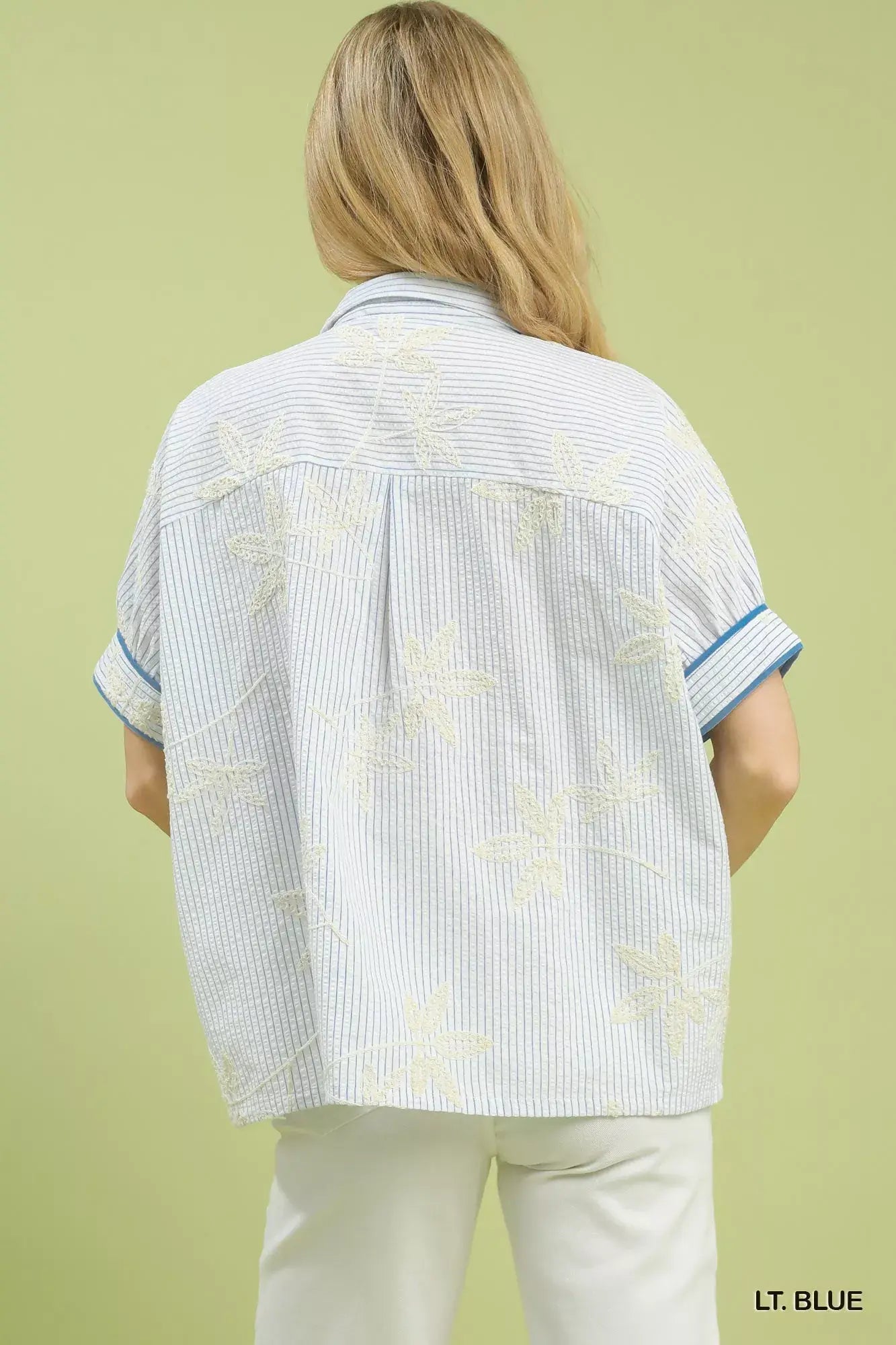 Umgee Striped Embroidered Blouse with Scallop Trim - Trendsi - Flyclothing LLC