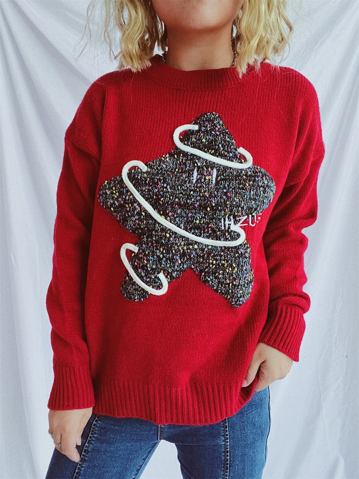 Contrast Star Round Neck Long Sleeve Sweater - Trendsi
