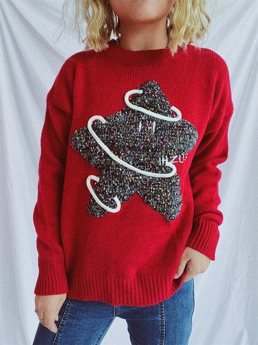 Contrast Star Round Neck Long Sleeve Sweater - Trendsi