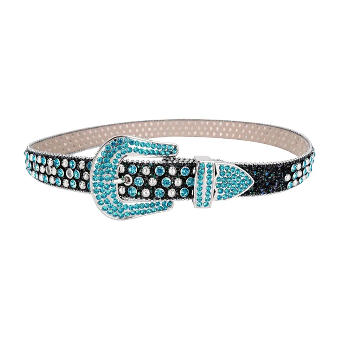 Black Strap With Aqua & Crystal Rhinestone Belt - Rhinestone Belt Store - Flyclothing LLC