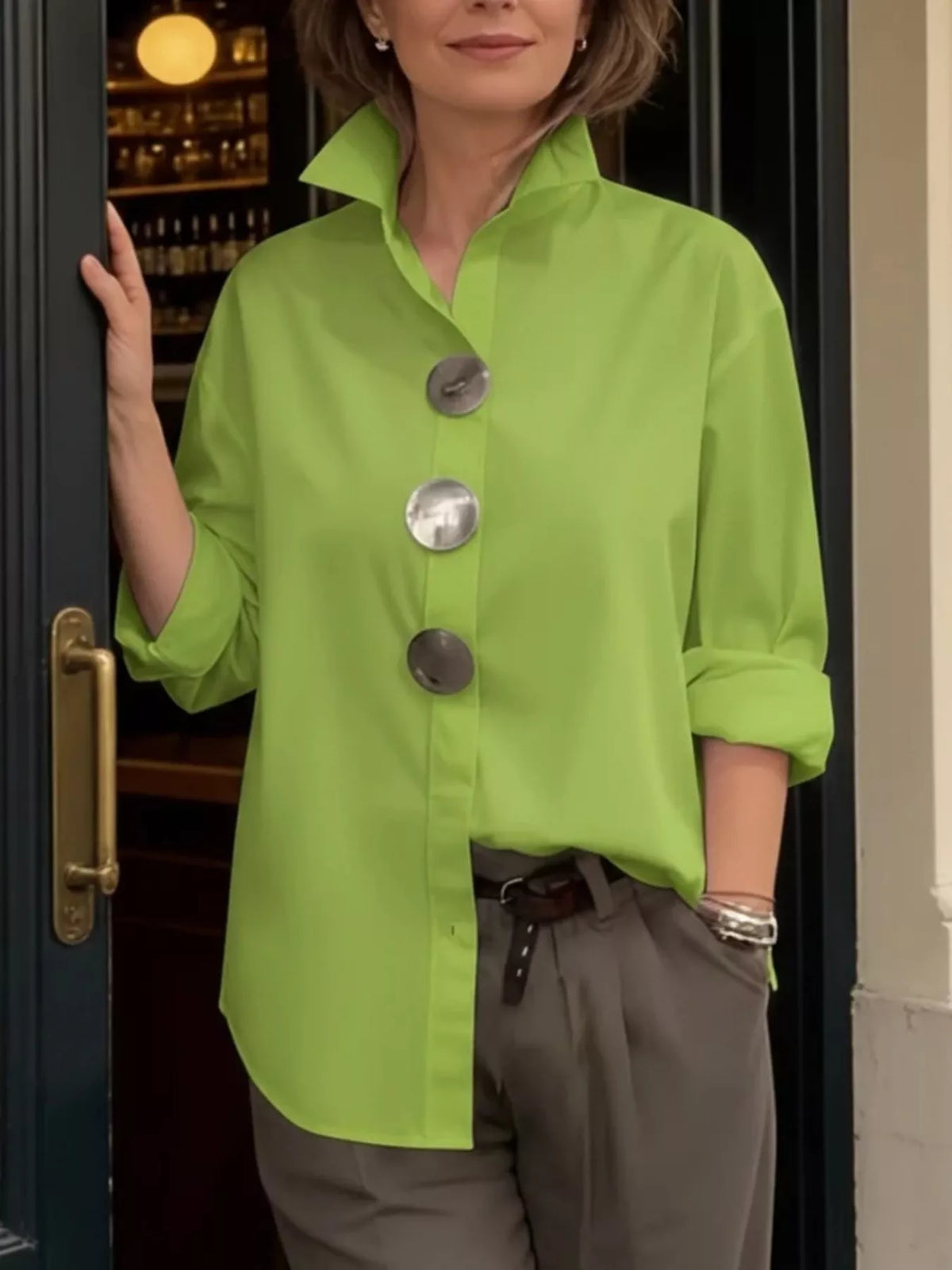Full Size Oversized Metal Button Long Sleeve Shirt Plus Size - Trendsi - Flyclothing LLC
