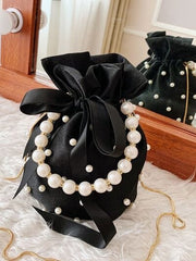 Pearl Detail Solid Color Bucket Bag - Trendsi