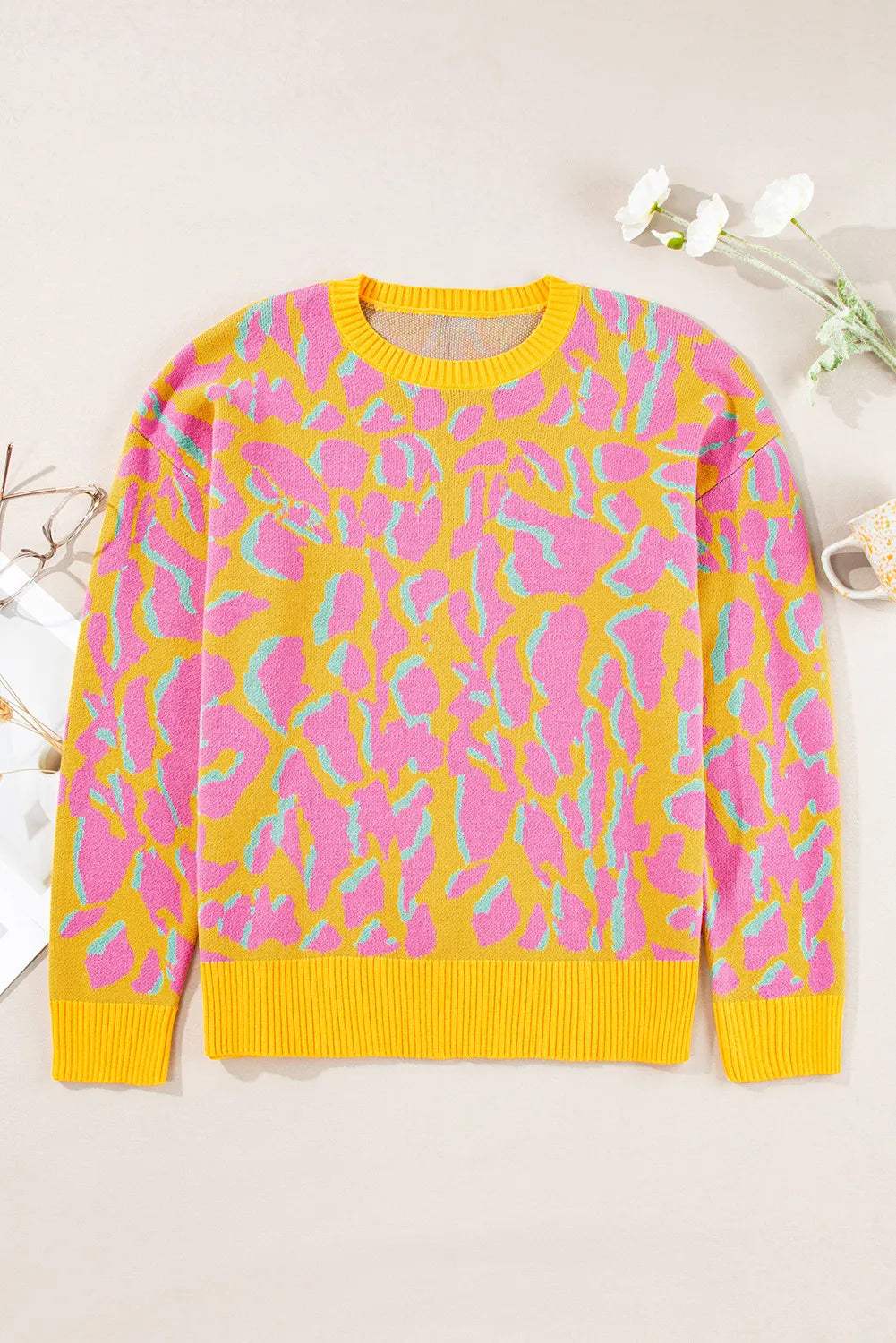 Contrast Round Neck Long Sleeve Sweater - Trendsi - Flyclothing LLC