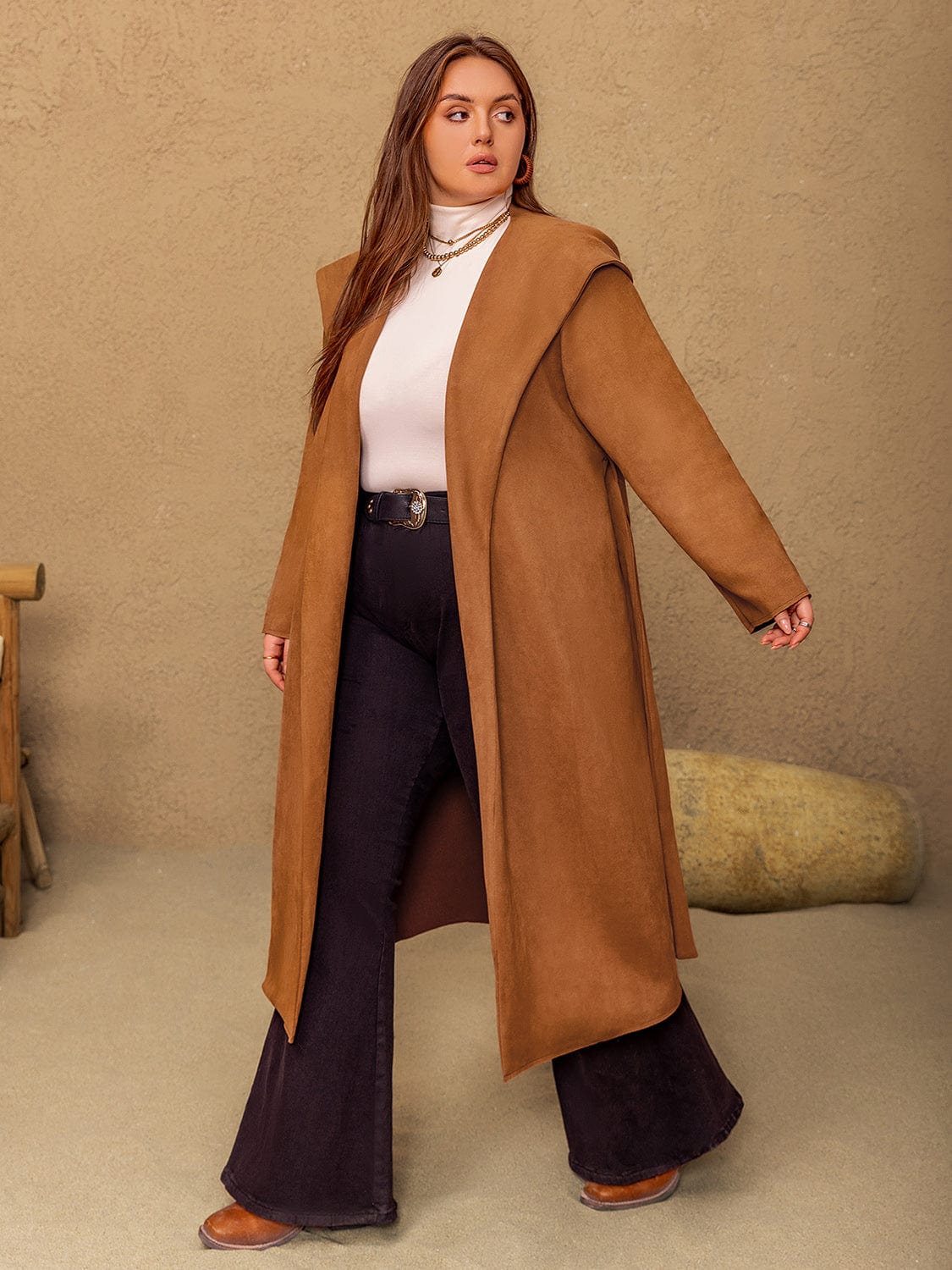 Plus Size Tied Long Sleeve Hooded Coat with Pockets - Trendsi