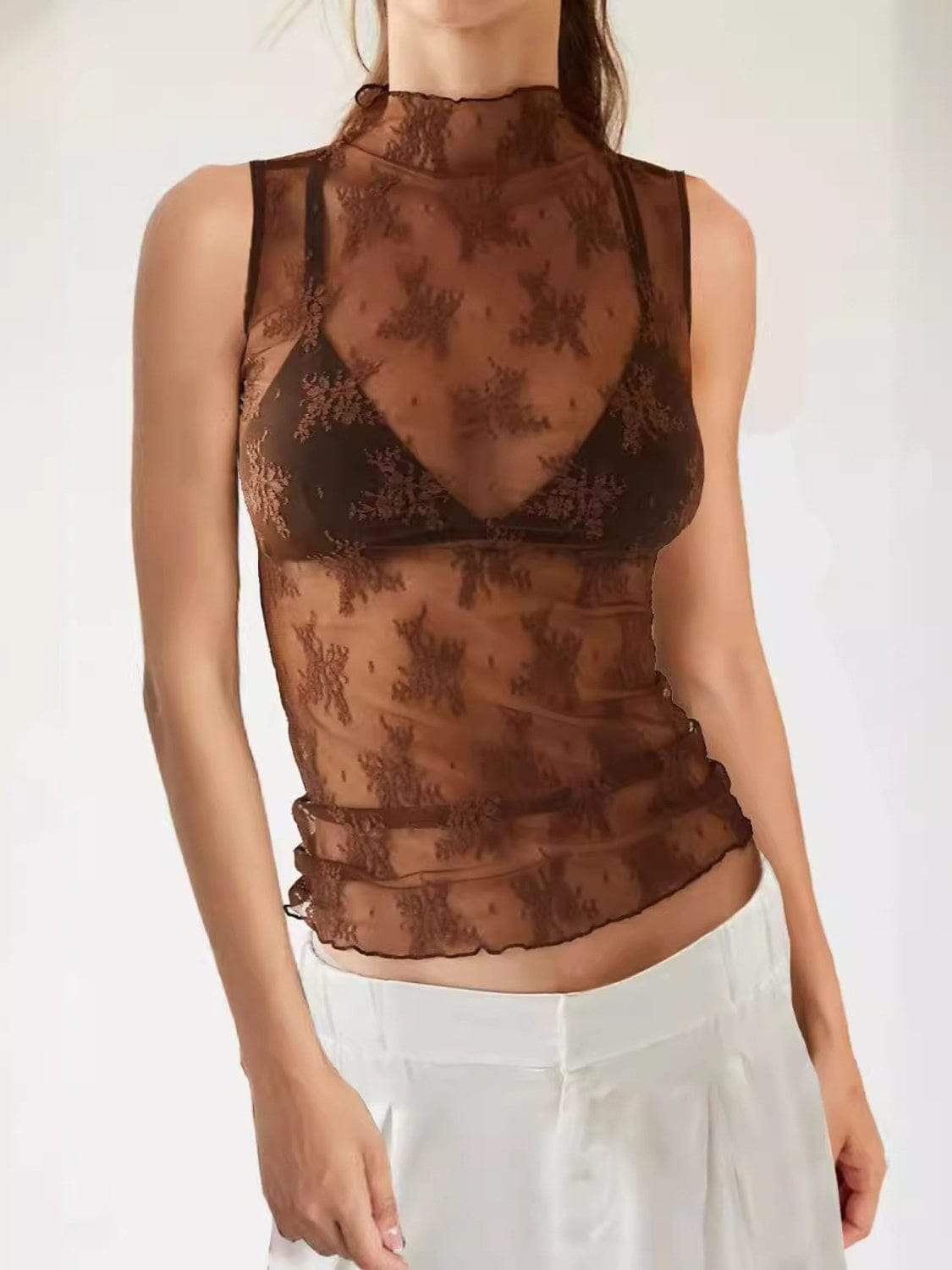 Lace Mock Neck Top - Trendsi - Flyclothing LLC