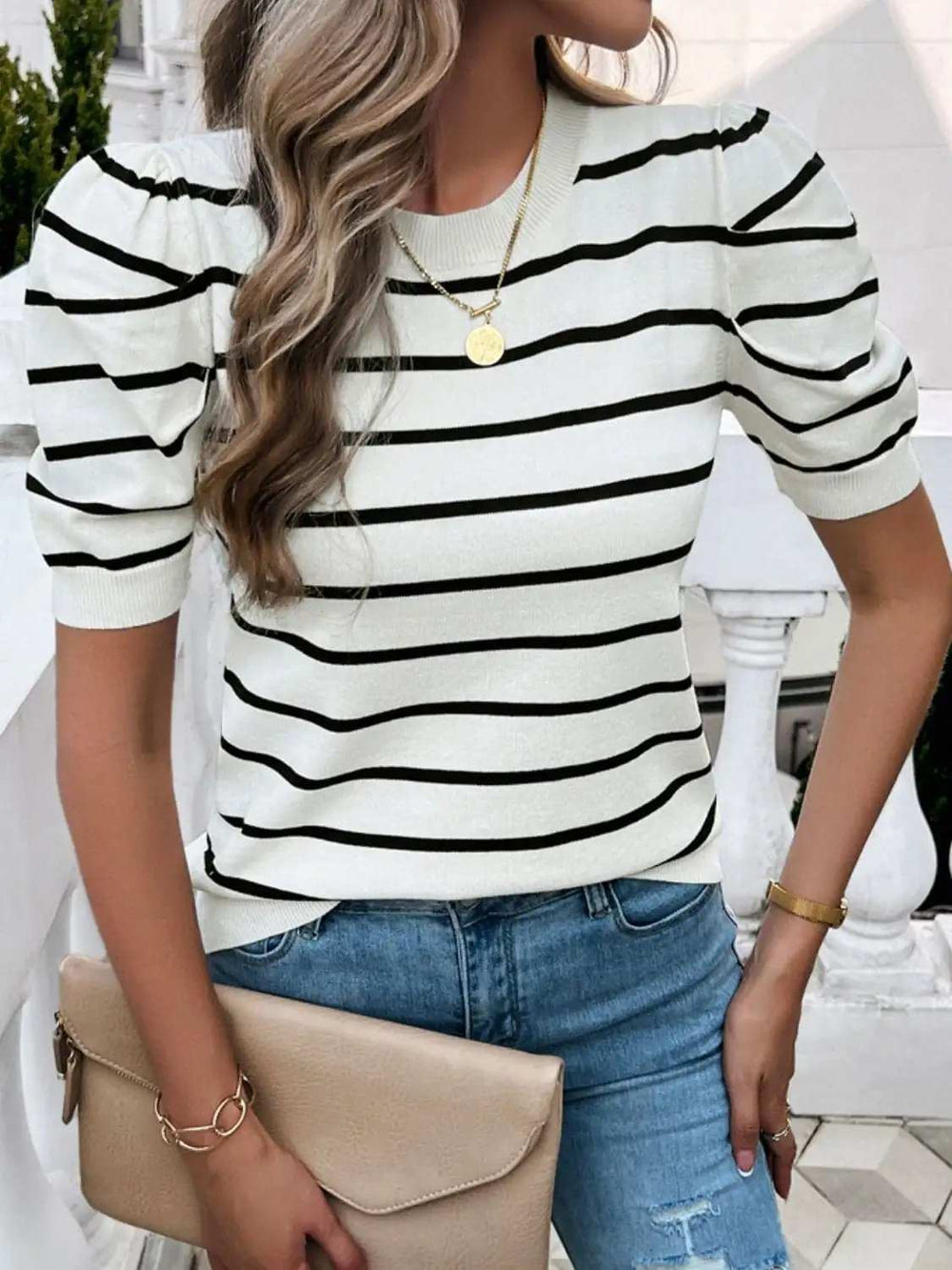 Striped Round Neck Puff Sleeve Knit Top - Trendsi - Flyclothing LLC