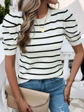 Striped Round Neck Puff Sleeve Knit Top - Trendsi - Flyclothing LLC