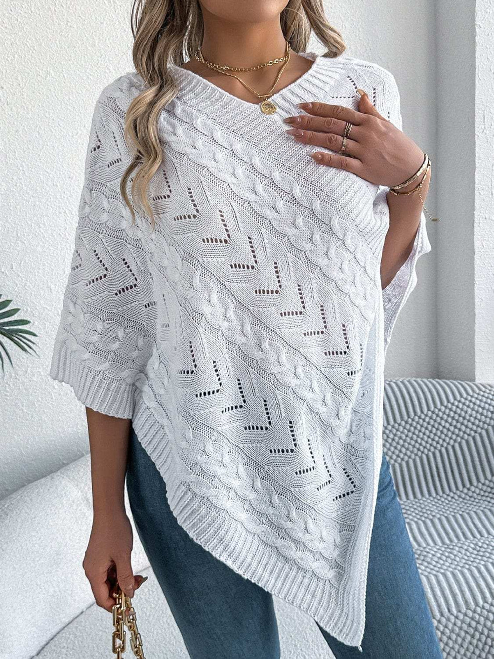 Cable-Knit Openwork Three-Quarter Sleeve Sweater - Trendsi - Flyclothing LLC
