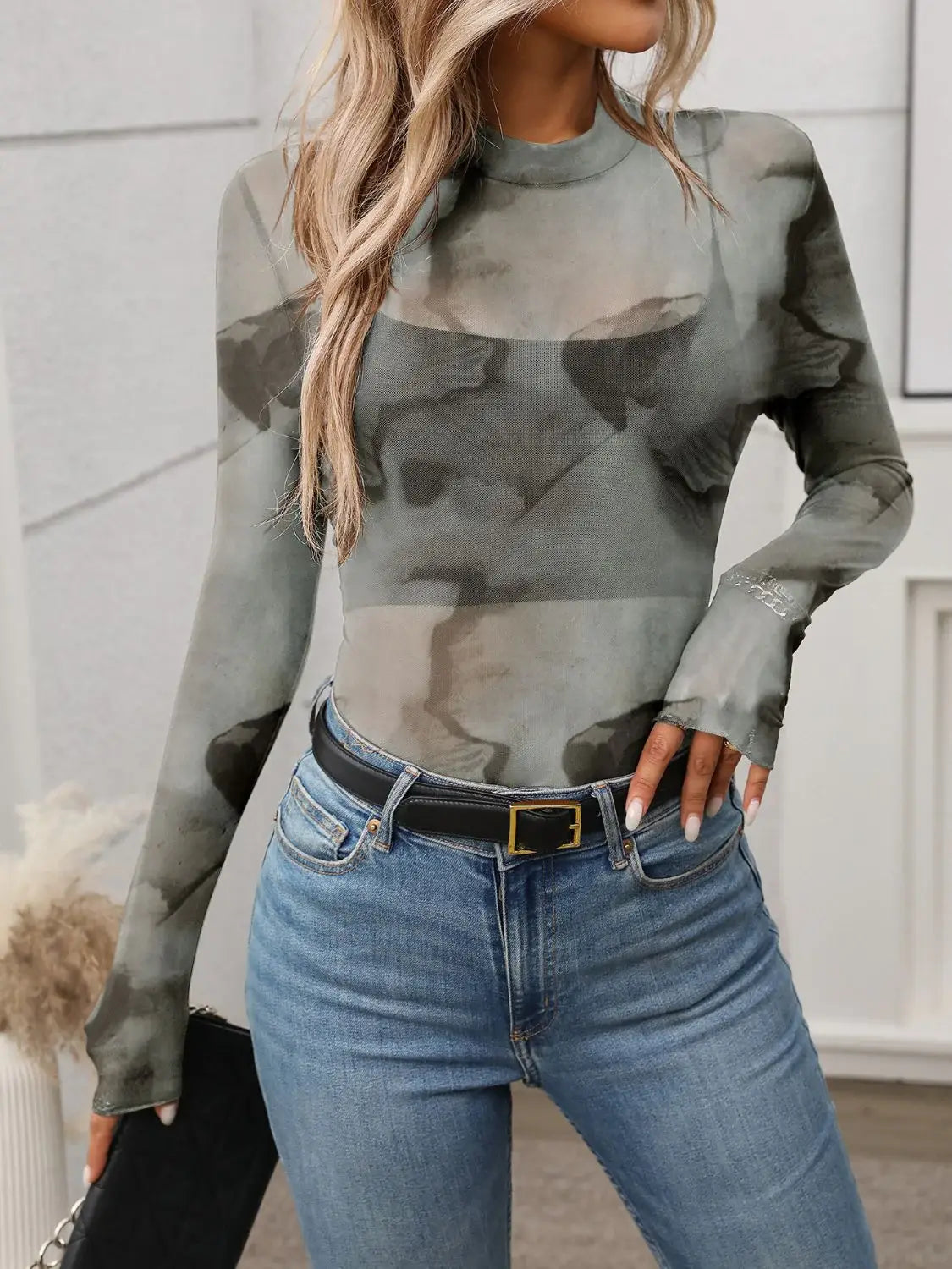 Printed Mock Neck Long Sleeve Mesh T-Shirt - Trendsi - Flyclothing LLC