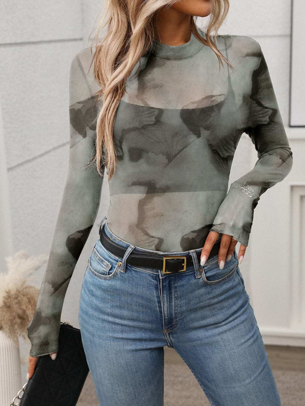 Printed Mock Neck Long Sleeve Mesh T-Shirt - Trendsi - Flyclothing LLC