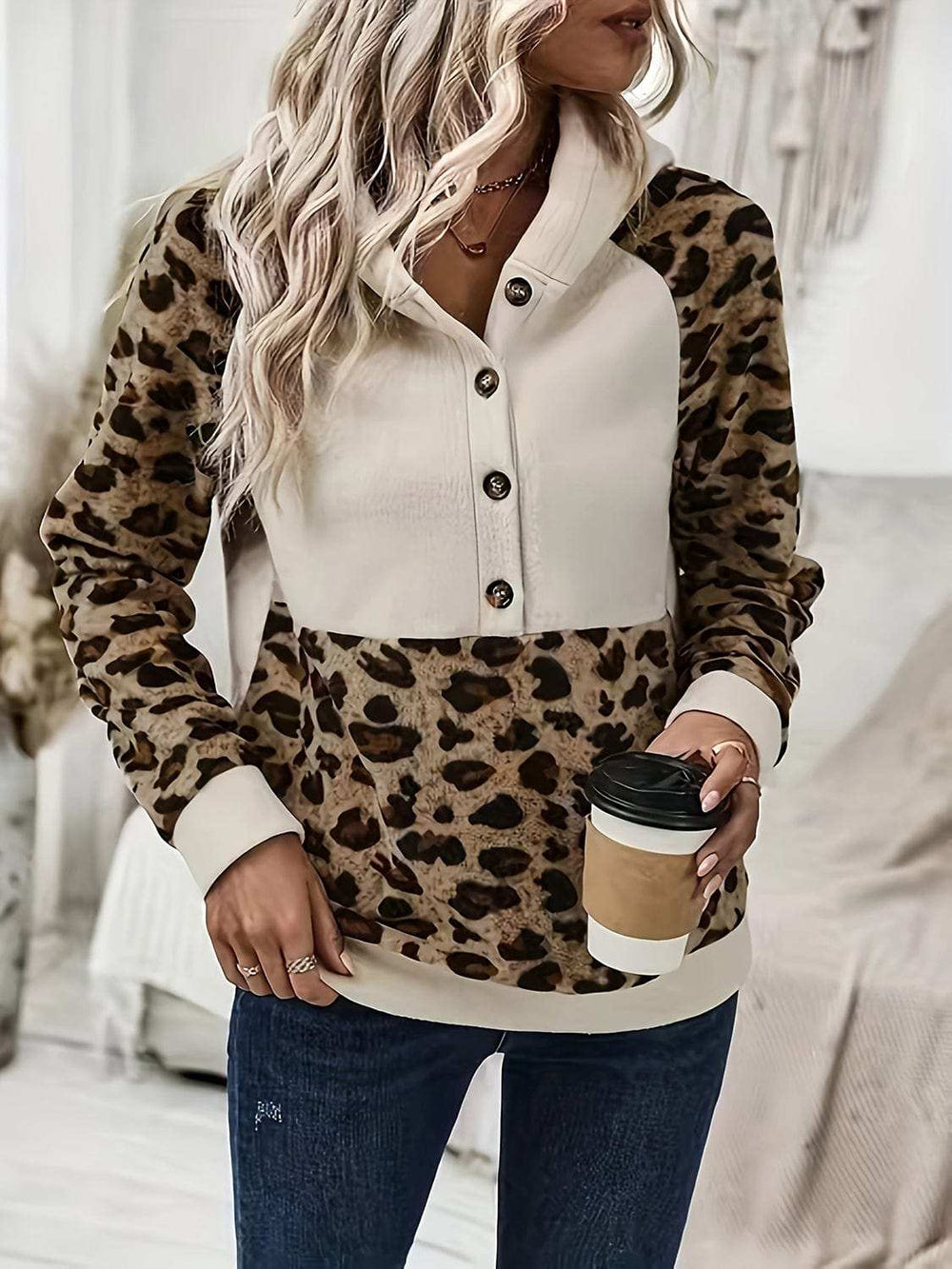 Leopard Half Button Long Sleeve Hoodie - Trendsi - Flyclothing LLC