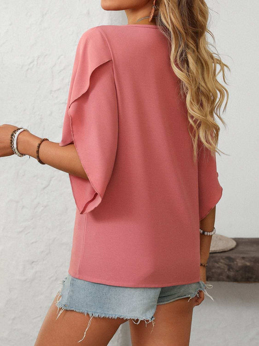 Mandy Ruffled Asymmetrical Neck Half Sleeve Blouse - Trendsi - Flyclothing LLC