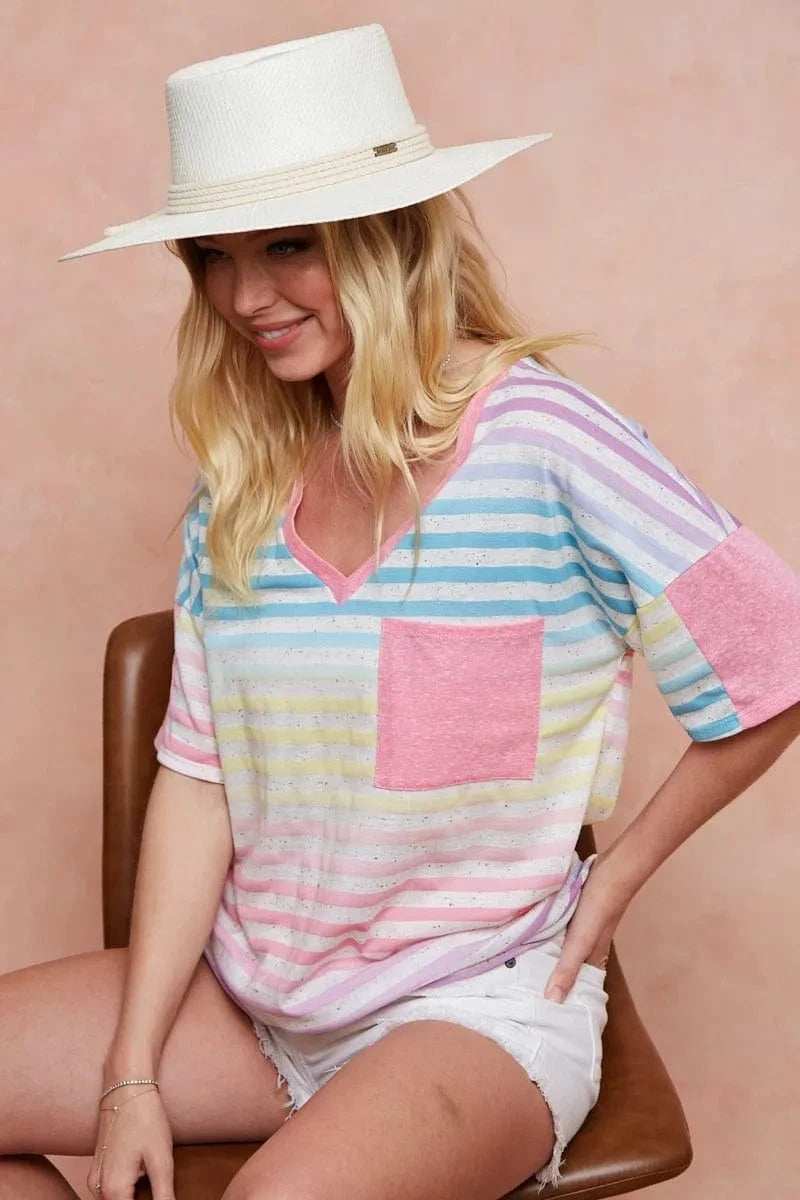 BiBi Rainbow Stripe Printed Triblend Knit Top - Trendsi - Flyclothing LLC