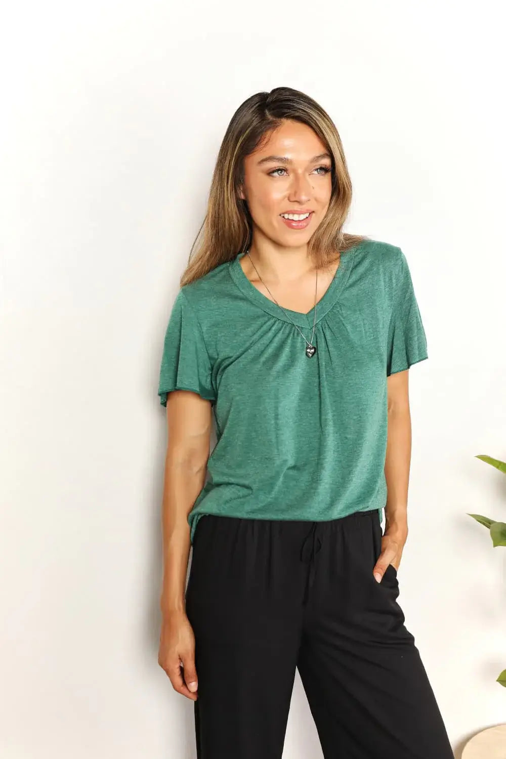 Double Take Ruched V-Neck Short Sleeve T-Shirt - Trendsi - Flyclothing LLC
