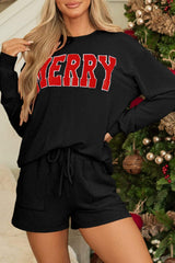 MERRY Round Neck Long Sleeve Top and Shorts Set - Trendsi - Flyclothing LLC
