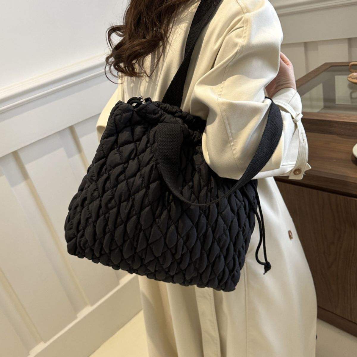 Drawstring Bubble Texture Tote Bag - Trendsi - Flyclothing LLC