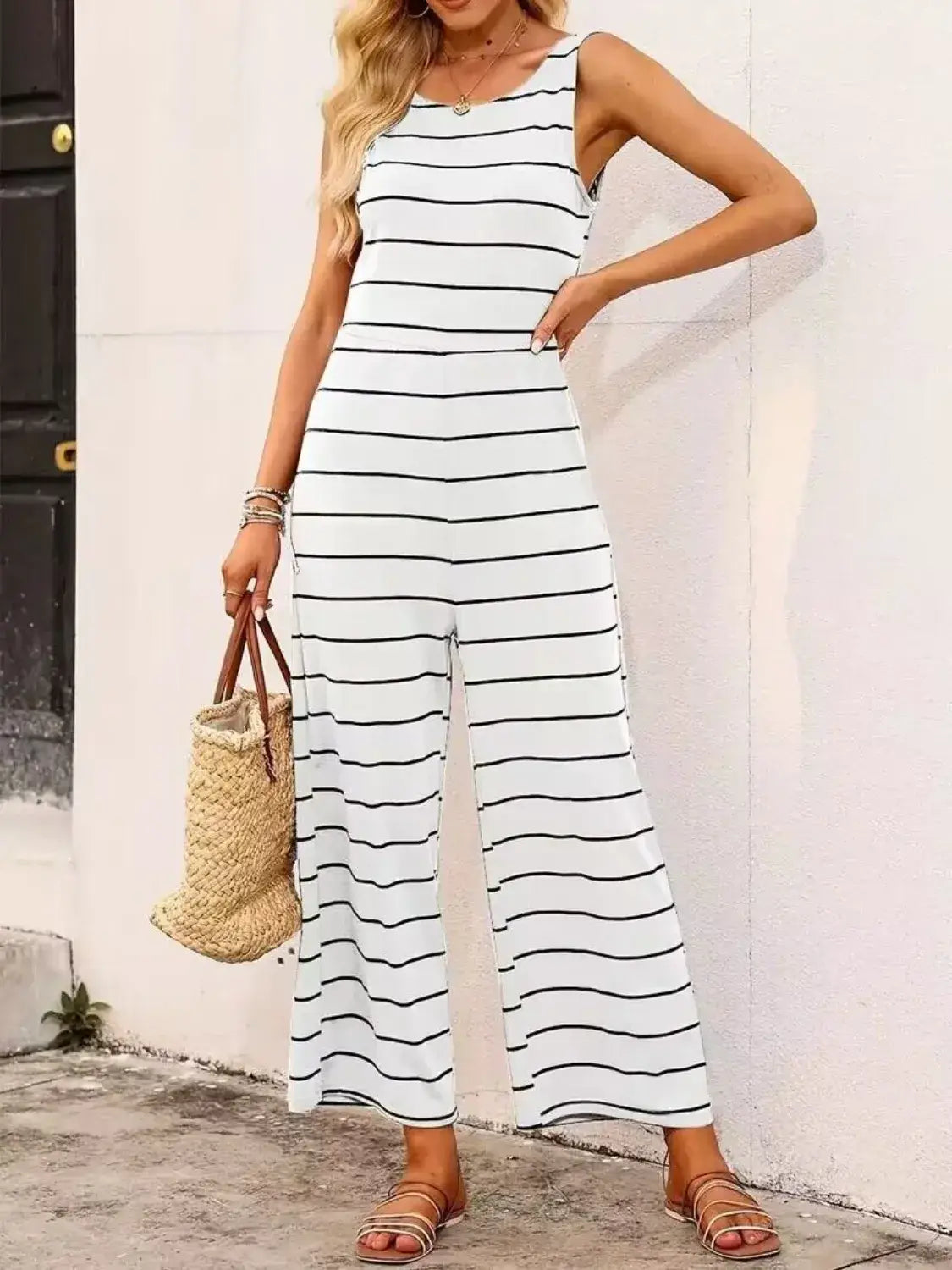 Striped Round Neck Wide Leg Jumpsuit - Trendsi - Flyclothing LLC
