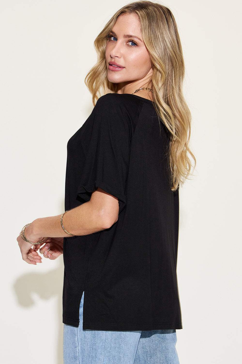 Basic Bae Full Size Bamboo Slit V-Neck Short Sleeve T-Shirt - Trendsi - Flyclothing LLC