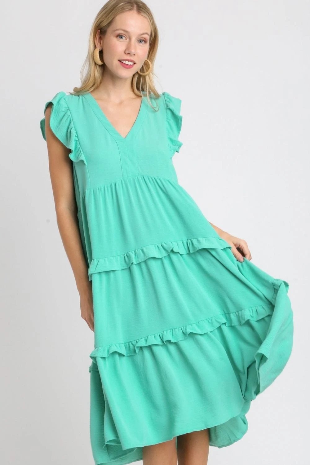 Umgee Full Size Ruffle Tiered Cap Sleeve Midi Dress Plus Size - Trendsi