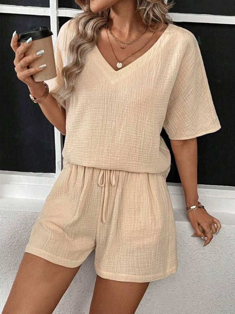 V-Neck Half Sleeve Top and Shorts Set - Trendsi - Flyclothing LLC