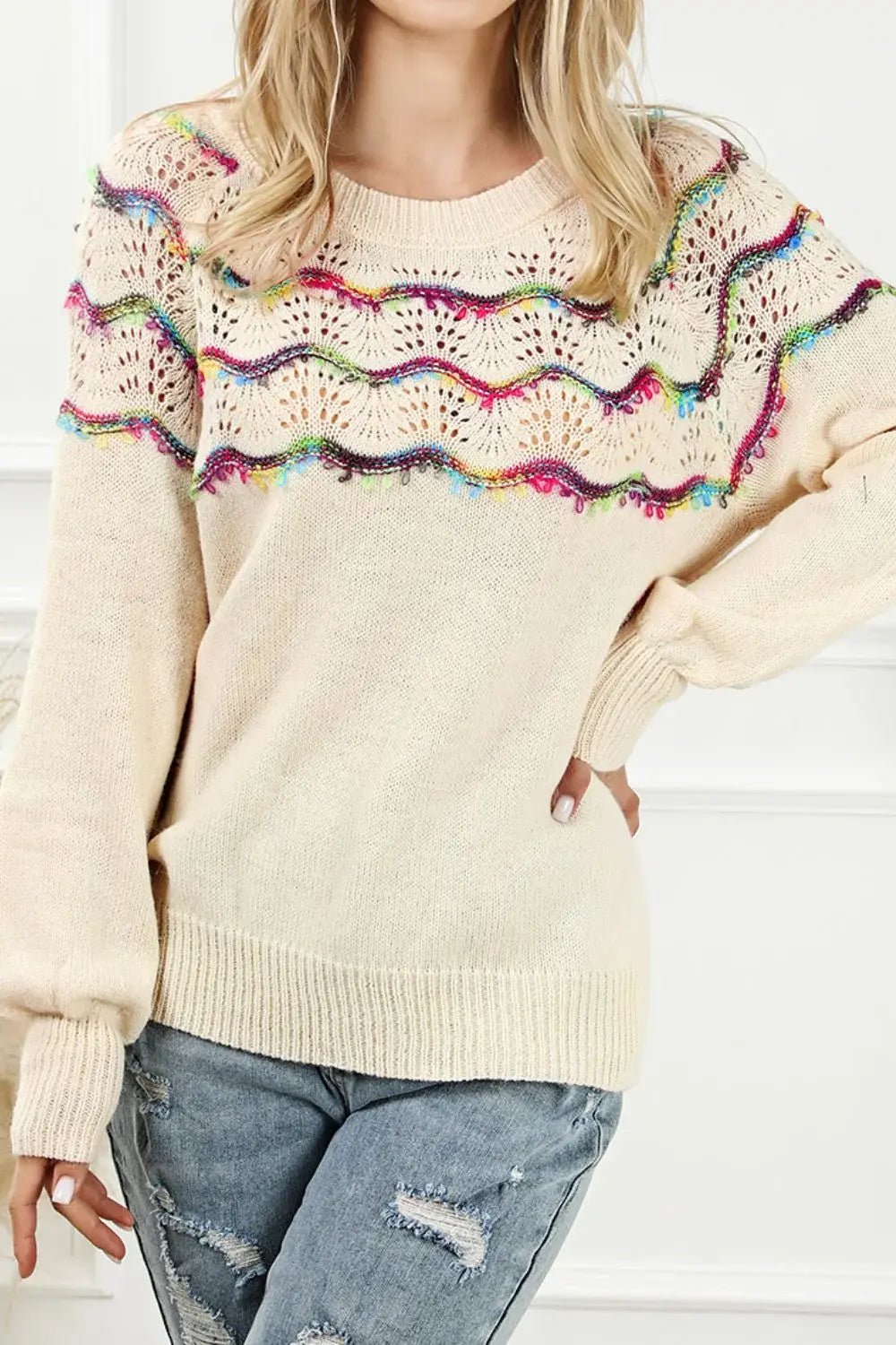 Openwork Wavy Striped Round Neck Sweater - Trendsi - Flyclothing LLC