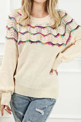 Openwork Wavy Striped Round Neck Sweater - Trendsi - Flyclothing LLC
