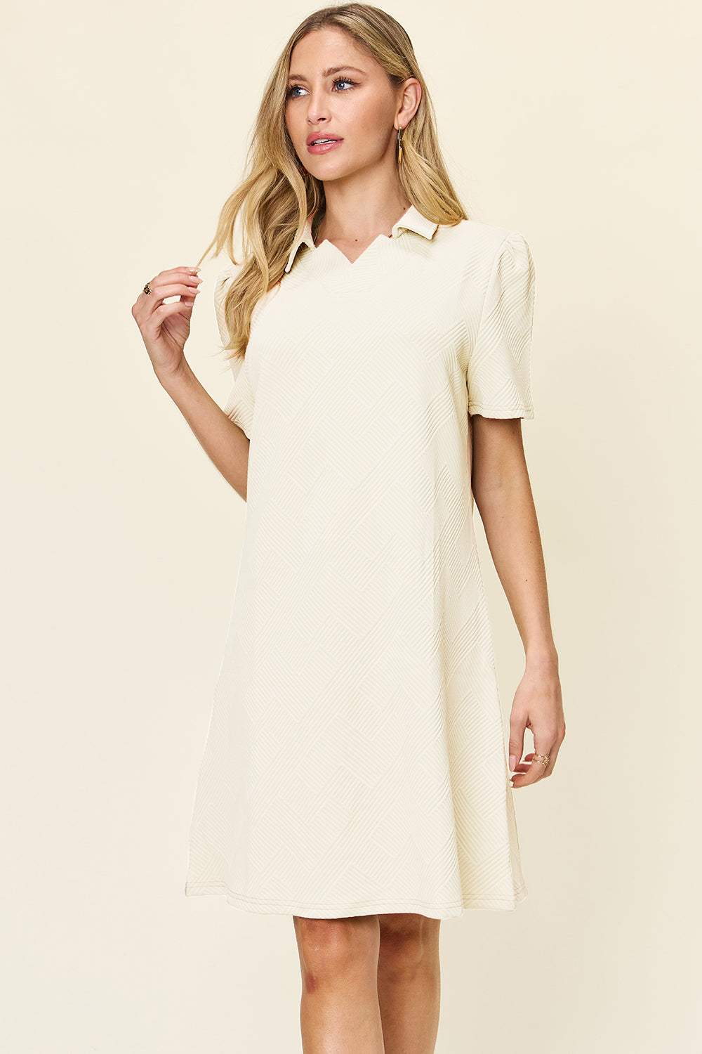 Double Take Full Size Texture Collared Neck Short Sleeve Dress - Trendsi - Flyclothing LLC