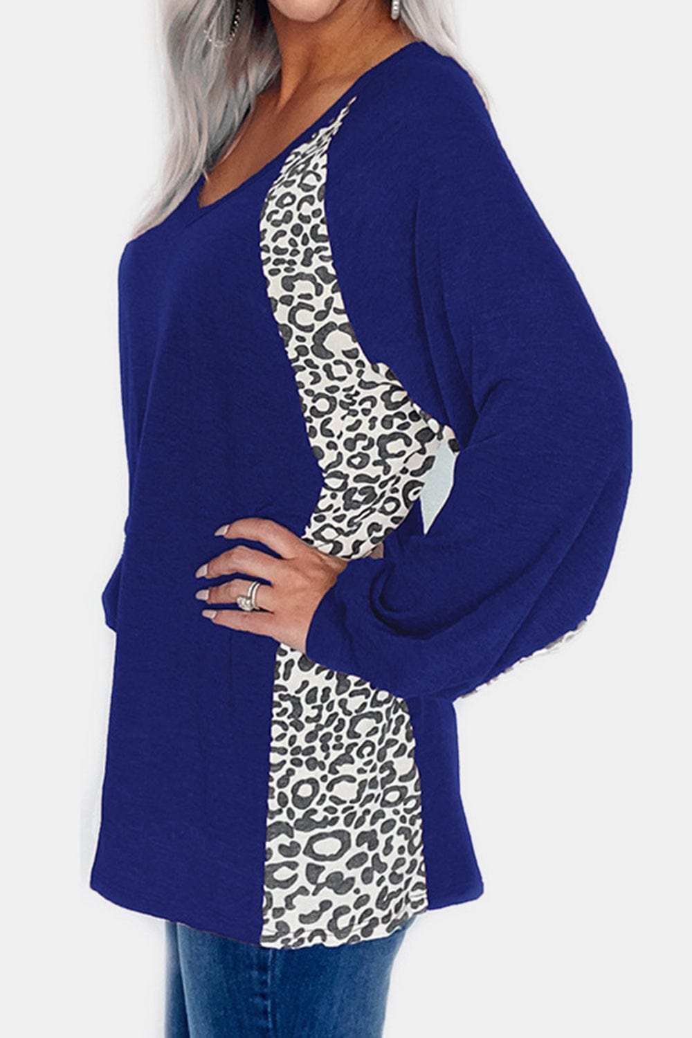 Full Size Leopard V-Neck Long Sleeve T-Shirt - Trendsi - Flyclothing LLC