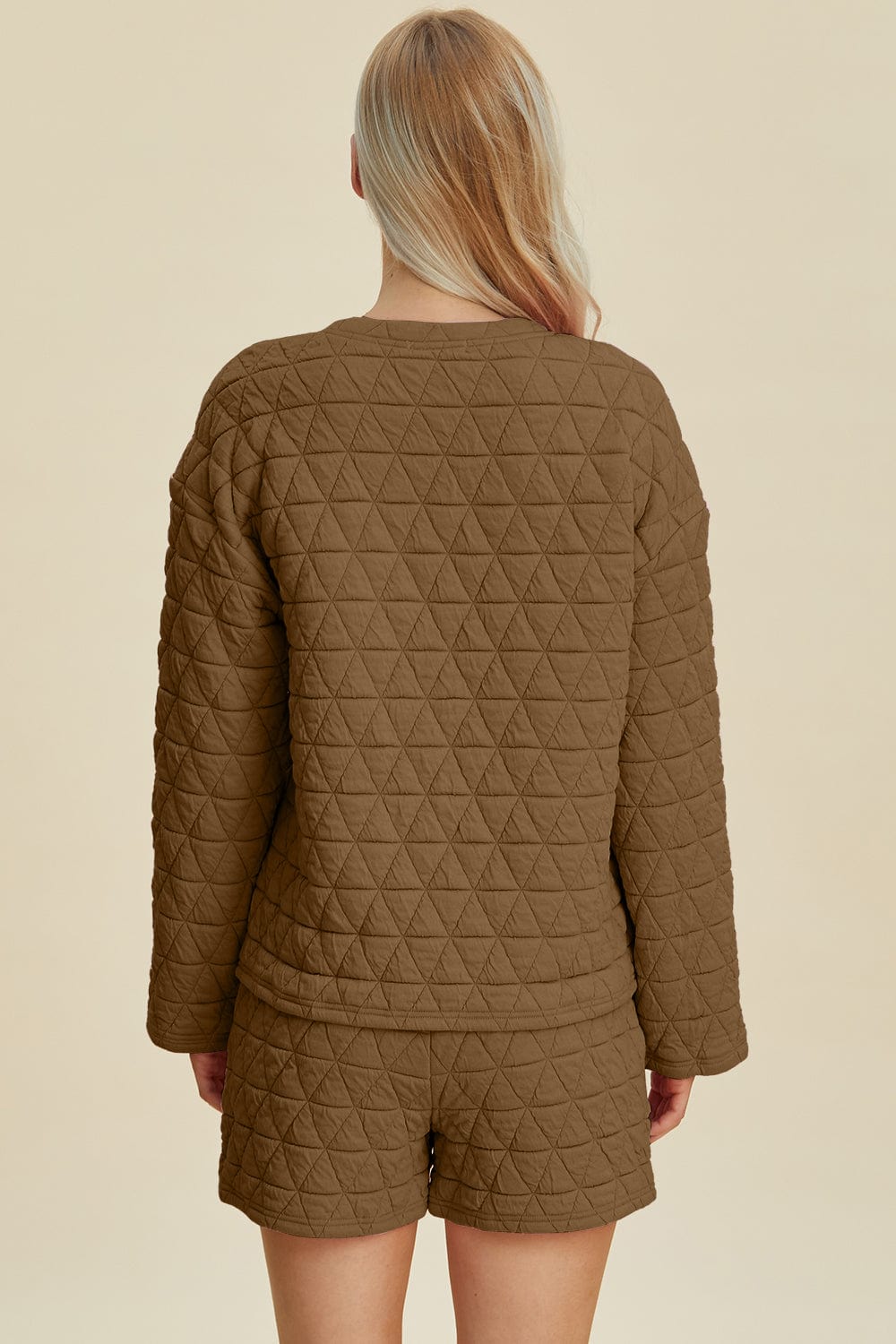 Double Take Full Size Texture Round Neck Long Sleeve Top and Shorts Set - Trendsi