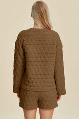 Double Take Full Size Texture Round Neck Long Sleeve Top and Shorts Set - Trendsi - Flyclothing LLC