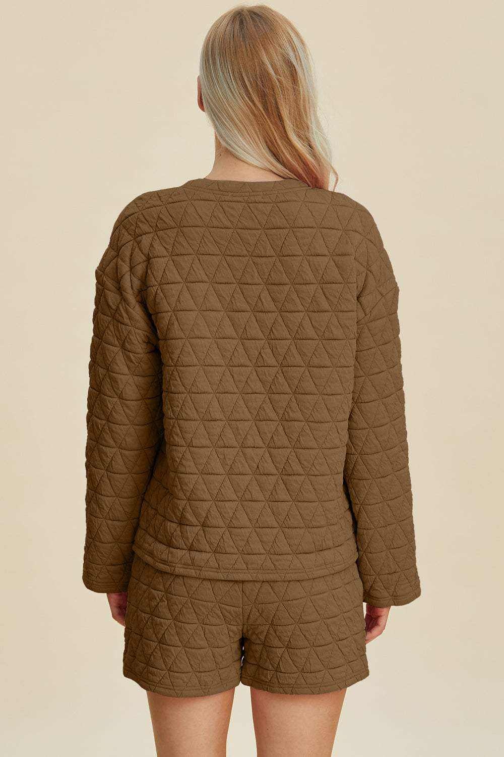 Double Take Full Size Texture Round Neck Long Sleeve Top and Shorts Set - Trendsi - Flyclothing LLC