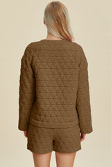 Double Take Full Size Texture Round Neck Long Sleeve Top and Shorts Set - Trendsi