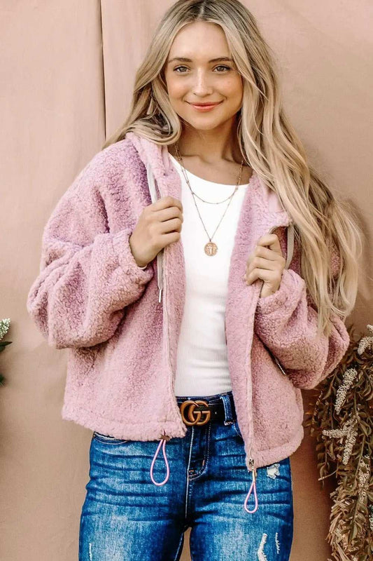 And The Why Sherpa Drawstring Cropped Hooded Jacket - Trendsi - Flyclothing LLC