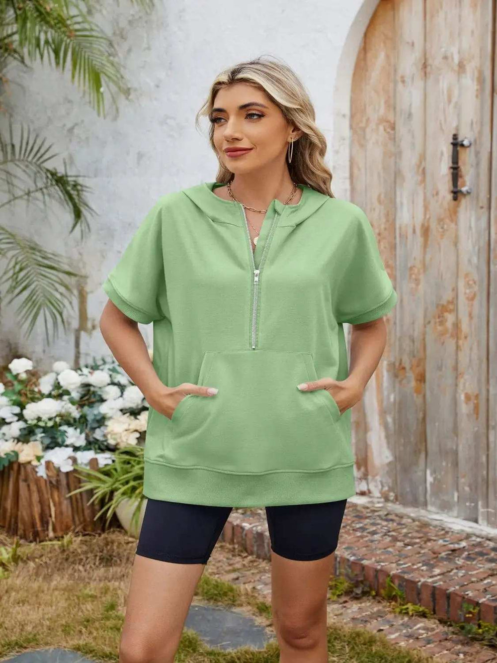 Half Zip Short Sleeve Hooded Top - Trendsi - Flyclothing LLC