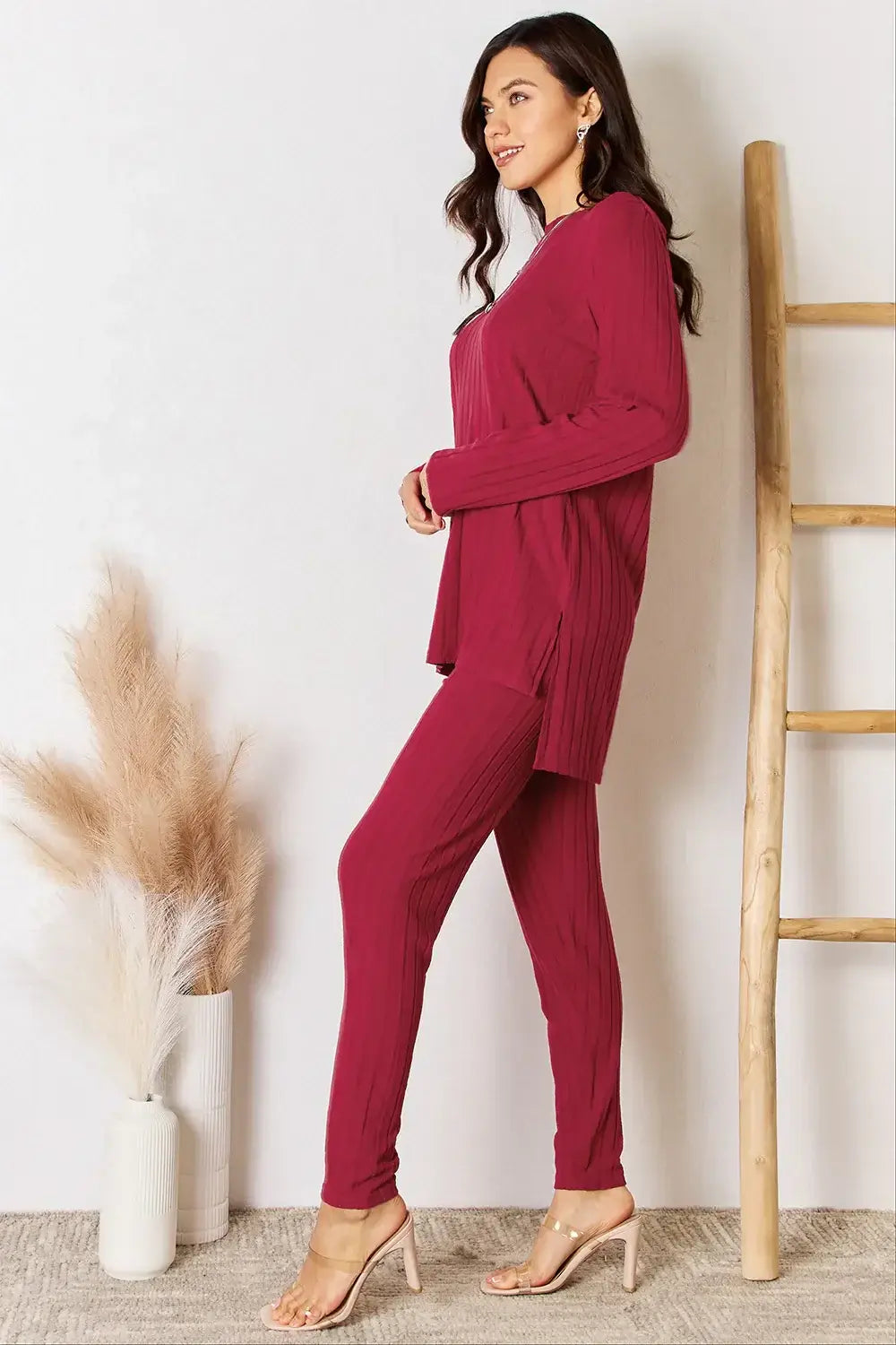 Basic Bae Full Size Ribbed Round Neck High-Low Slit Top and Pants Set - ShopBasicbae - Flyclothing LLC