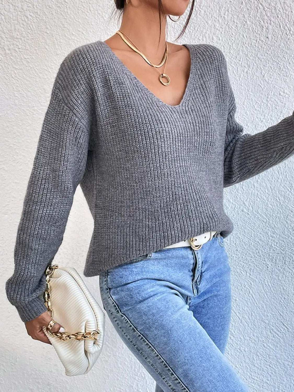 Crisscross V-Neck Long Sleeve Sweater - Trendsi - Flyclothing LLC