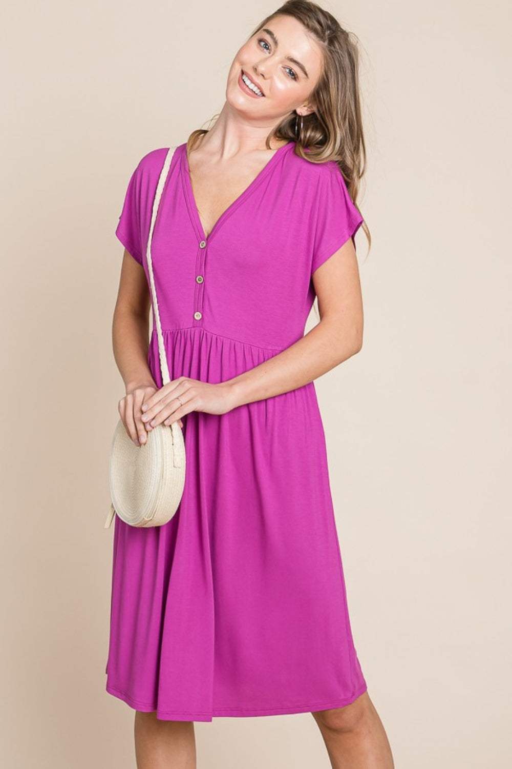 BOMBOM V-Neck Short Sleeve Dress - Trendsi - Flyclothing LLC