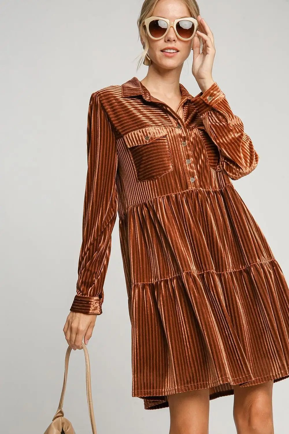 Umgee Texture Tiered Collared Long Sleeve Dress - Trendsi