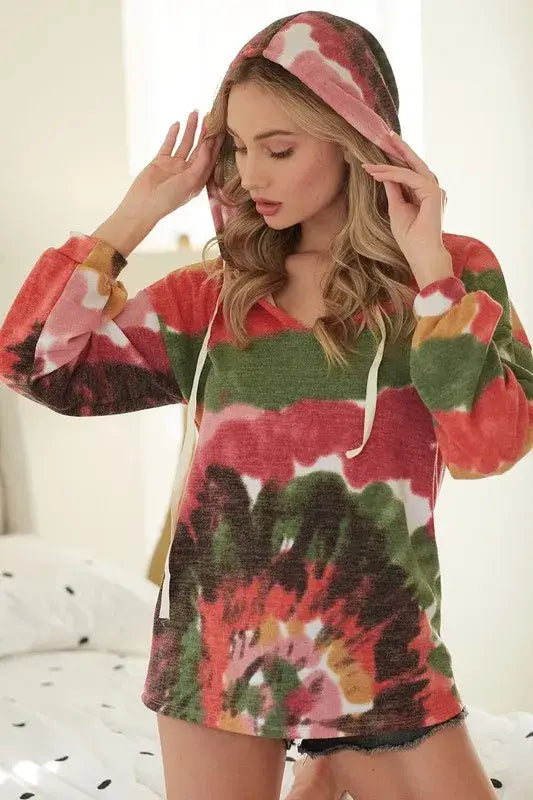 BiBi Tie Dye Knit Hoodie with Twill Tape - Trendsi - Flyclothing LLC