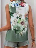 Tied Flower Printed Mock Neck Top - Trendsi