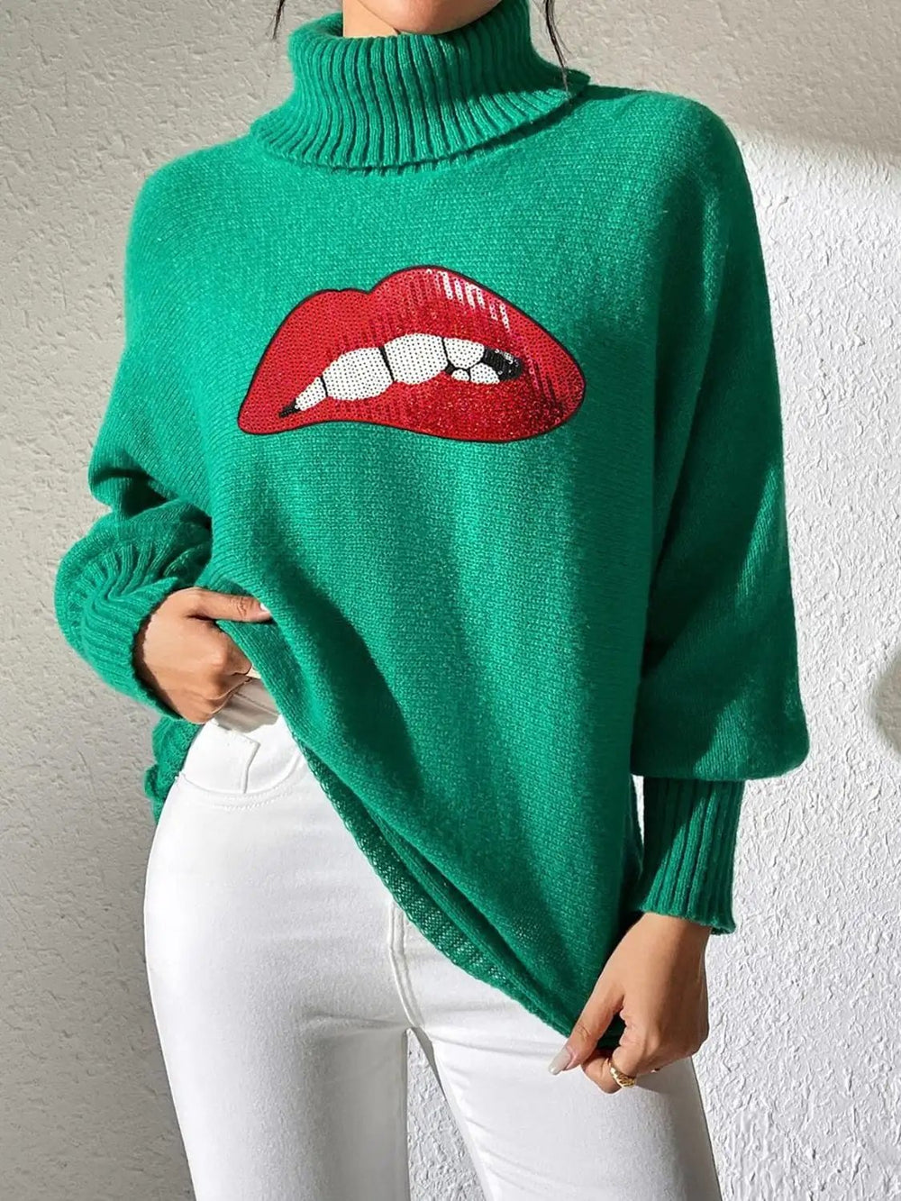 Lip Turtleneck Long Sleeve Sweater - Trendsi