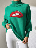 Lip Turtleneck Long Sleeve Sweater - Trendsi