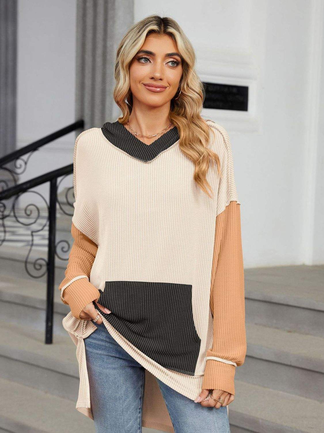 Double Take Contrast Hooded Long Sleeve Top - Trendsi - Flyclothing LLC