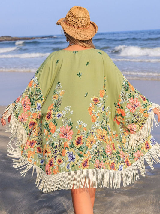 Plus Size Fringe Open Front Cover-Up - Trendsi