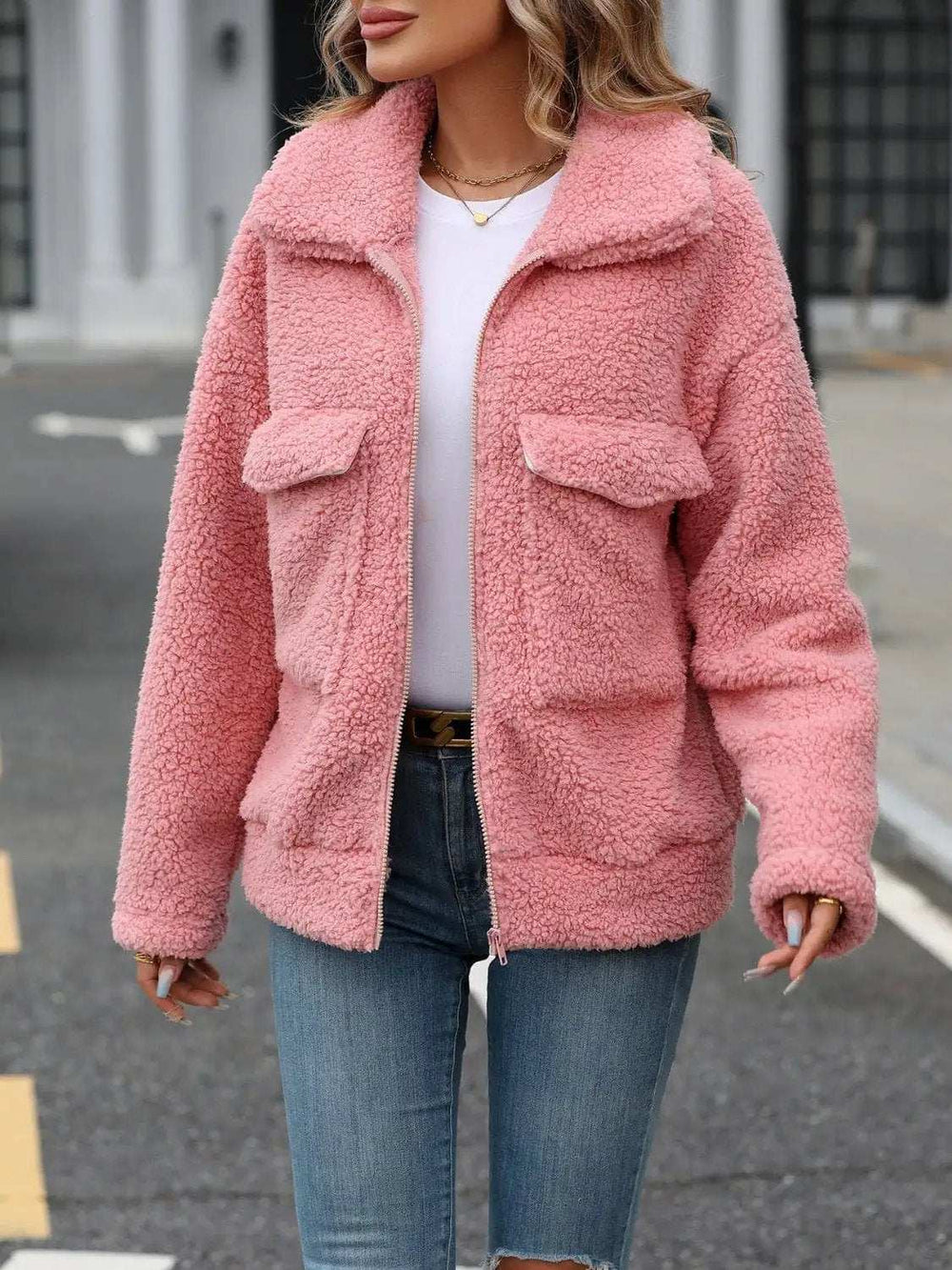 Zip Up Long Sleeve Plush Jacket - Trendsi - Flyclothing LLC