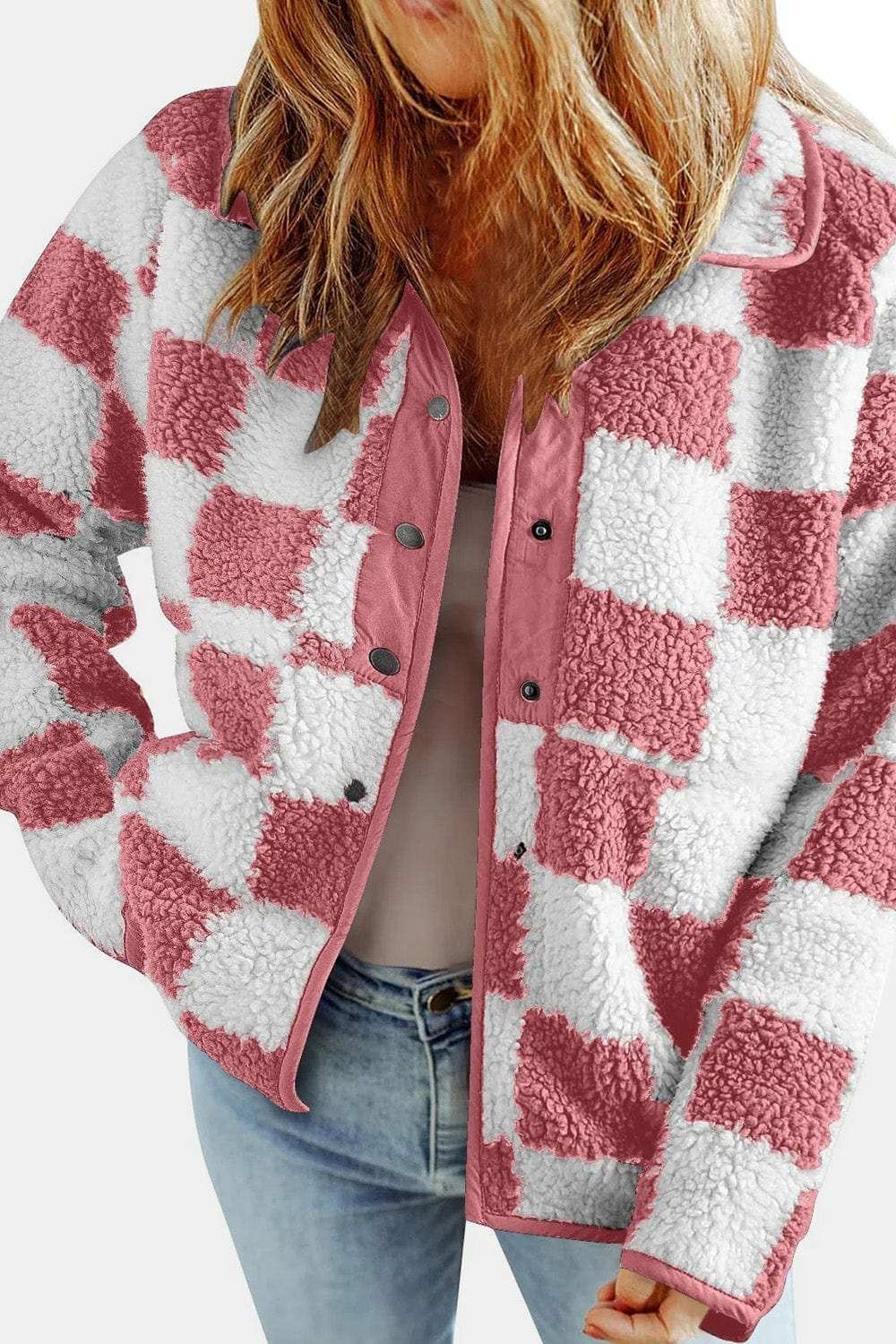 Checkered Snap Down Long Sleeve Teddy Jacket - Trendsi - Flyclothing LLC
