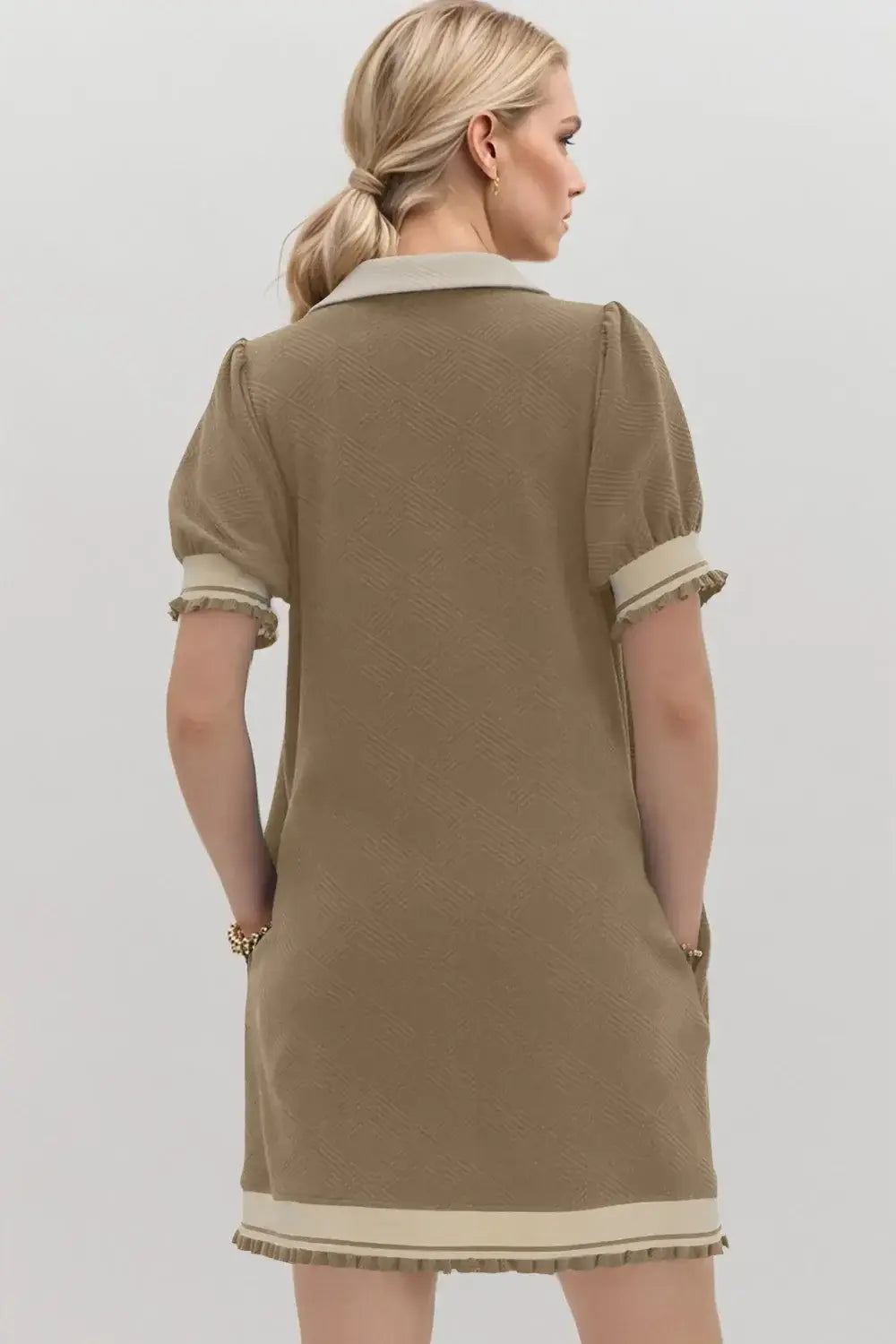 Oh Frill Contrast Trim Johnny Collar Short Sleeve Mini Dress - Trendsi - Flyclothing LLC